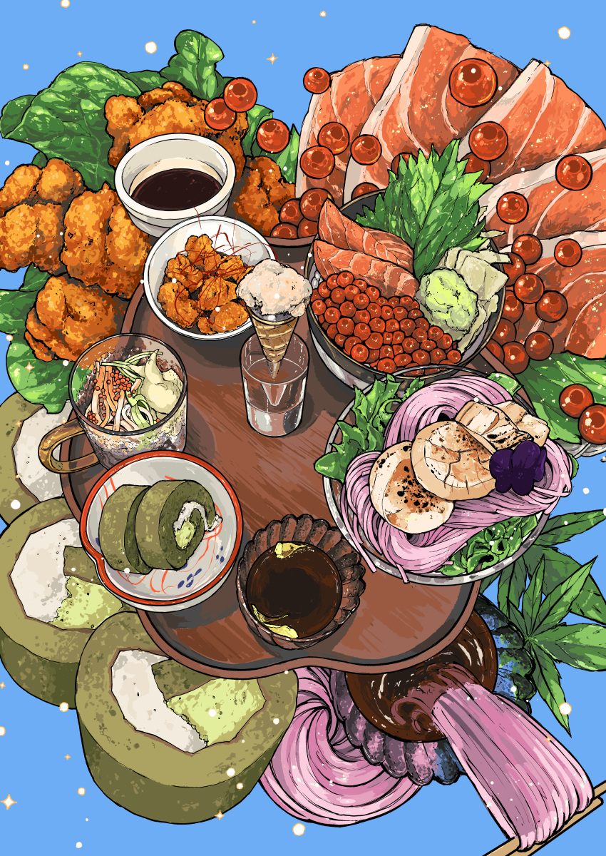 absurdres bowl chicken_(food) chopsticks fish_(food) food food_focus highres kohaku392 leaf making-of_available no_humans original oyakodon_(food) roe sauce still_life vegetable