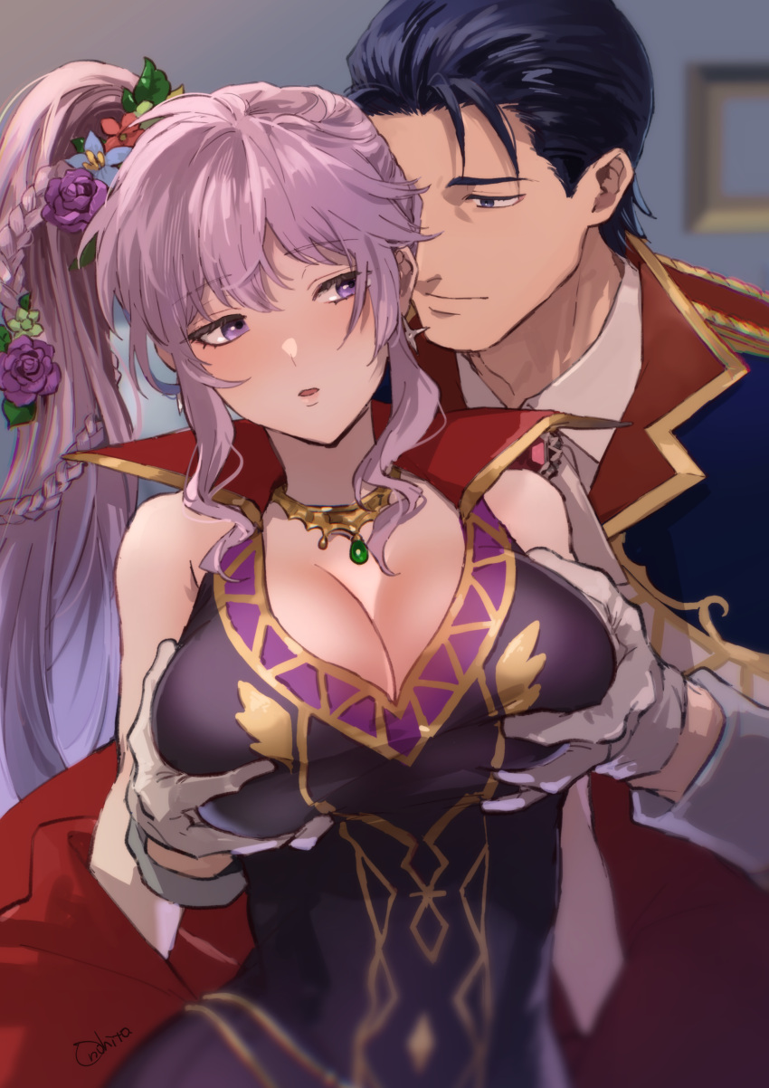 1boy 1girl absurdres blush breasts cleavage collarbone commission commissioner_upload cosplay couple fire_emblem fire_emblem:_genealogy_of_the_holy_war fire_emblem_heroes flower gloves grabbing grabbing_another's_breast hair_flower hair_ornament hetero highres ishtar_(fire_emblem) ishtar_(fire_emblem)_(echoing_thunder) jewelry large_breasts necklace official_alternate_costume onohito purple_eyes purple_hair reinhardt_(fire_emblem) reinhardt_(thrud_reborn)_(fire_emblem)