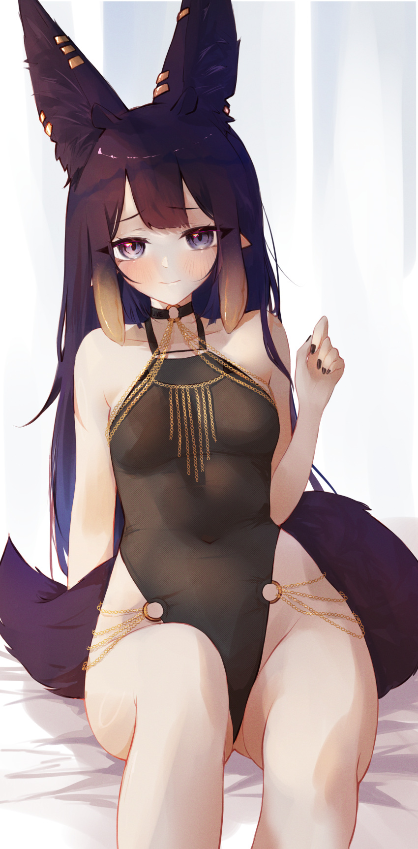 1girl absurdres animal_ears black_leotard blue_eyes blunt_bangs breasts extra_ears highres hololive hololive_english kemonomimi_mode leotard long_hair looking_at_viewer ninomae_ina'nis pointy_ears purple_hair small_breasts solo tail uve virtual_youtuber