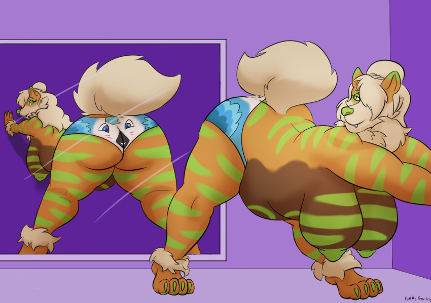 anthro arcanine belly bent_over big_breasts breasts butt clothed clothing clothing_transformation female generation_1_pokemon inanimate_transformation looking_back mirror mrs._henderson nintendo nipples pickles-hyena pokemon pokemon_(species) solo topless transformation underwear_transformation