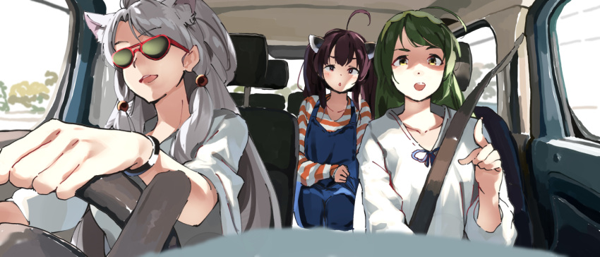 3girls :d ahoge animal_ear_fluff animal_ears blue_dress brown_eyes brown_hair car_interior collarbone commentary_request dress green_hair grey_hair hand_up headgear lamb_(hitsujiniku) long_hair long_sleeves multiple_girls parted_lips pointing red-framed_eyewear seatbelt shirt sleeveless sleeveless_dress sleeves_past_wrists smile striped_clothes striped_shirt sunglasses teeth touhoku_itako touhoku_kiritan touhoku_zunko twintails upper_teeth_only very_long_hair voiceroid white_shirt