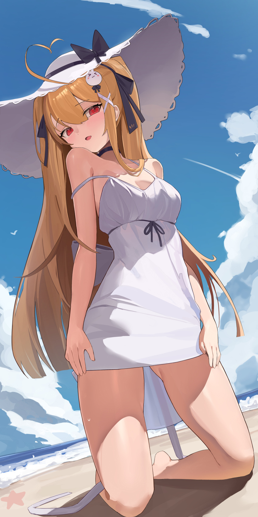 1girl absurdres ahoge bare_shoulders beach black_choker blonde_hair blue_sky blunt_ends breasts choker commentary_request day dress feet hair_between_eyes hair_ornament hat hat_ribbon heart heart_ahoge highres kneeling long_hair looking_at_viewer niliu_chahui ocean open_mouth outdoors red_eyes ribbon sky small_breasts solo strap_slip summer sun_hat sundress thighs white_dress x_hair_ornament
