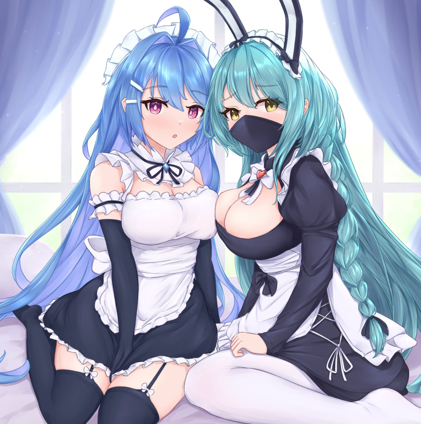 2girls ahoge alternate_costume animal_ears apron aqua_hair azur_lane black_garter_straps black_mask black_thighhighs blue_hair boise_(azur_lane) boise_(flawed_but_delectable)_(azur_lane) breasts cleavage enmaided fake_animal_ears garter_straps hair_intakes helena_(azur_lane) highres indoors kyl490 large_breasts long_braid long_hair long_sleeves looking_at_viewer maid maid_headdress mask medium_breasts mouth_mask multiple_girls official_alternate_costume pantyhose parted_lips purple_eyes rabbit_ears sitting thighhighs waist_apron white_apron white_pantyhose window yellow_eyes