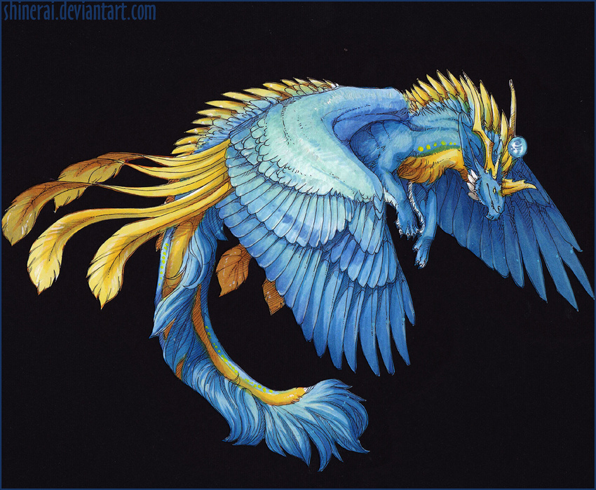 2010 ambiguous_gender black_background blue_feathers blue_fur claws dragon feathered_dragon feathers feral fur furred_dragon horn shinerai simple_background solo spines traditional_media_(artwork)