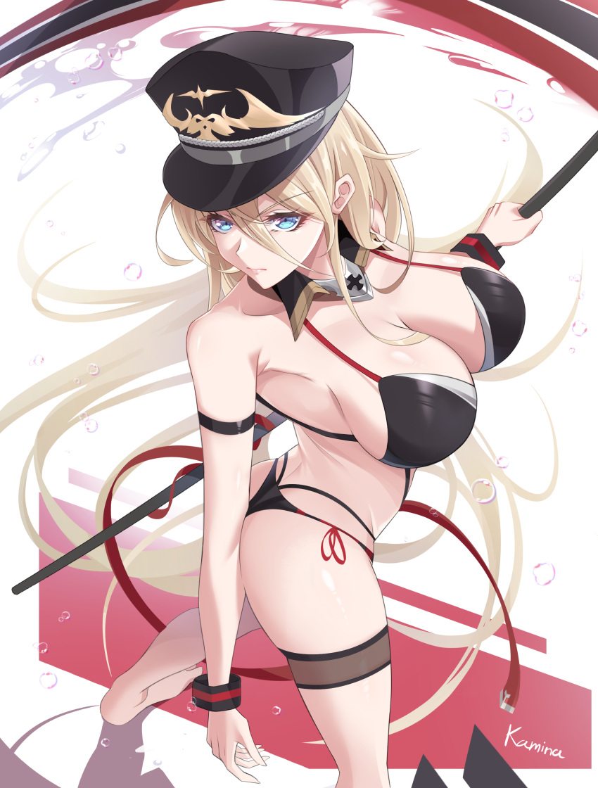 1girl absurdres arm_behind_back arm_strap azur_lane bikini bismarck_(azur_lane) black_bikini blonde_hair blue_eyes breasts expressionless flag hair_between_eyes hand_up hat highres holding holding_flag kamina_(kamin789) large_breasts long_hair military_hat paid_reward_available serious solo standing swimsuit thigh_strap very_long_hair