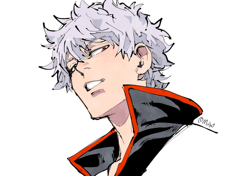 1boy close-up collared_shirt commentary_request from_below gintama grey_hair hair_between_eyes highres looking_at_viewer looking_down male_focus max801115 sakata_gintoki shirt short_hair signature simple_background solo upper_body white_background white_hair