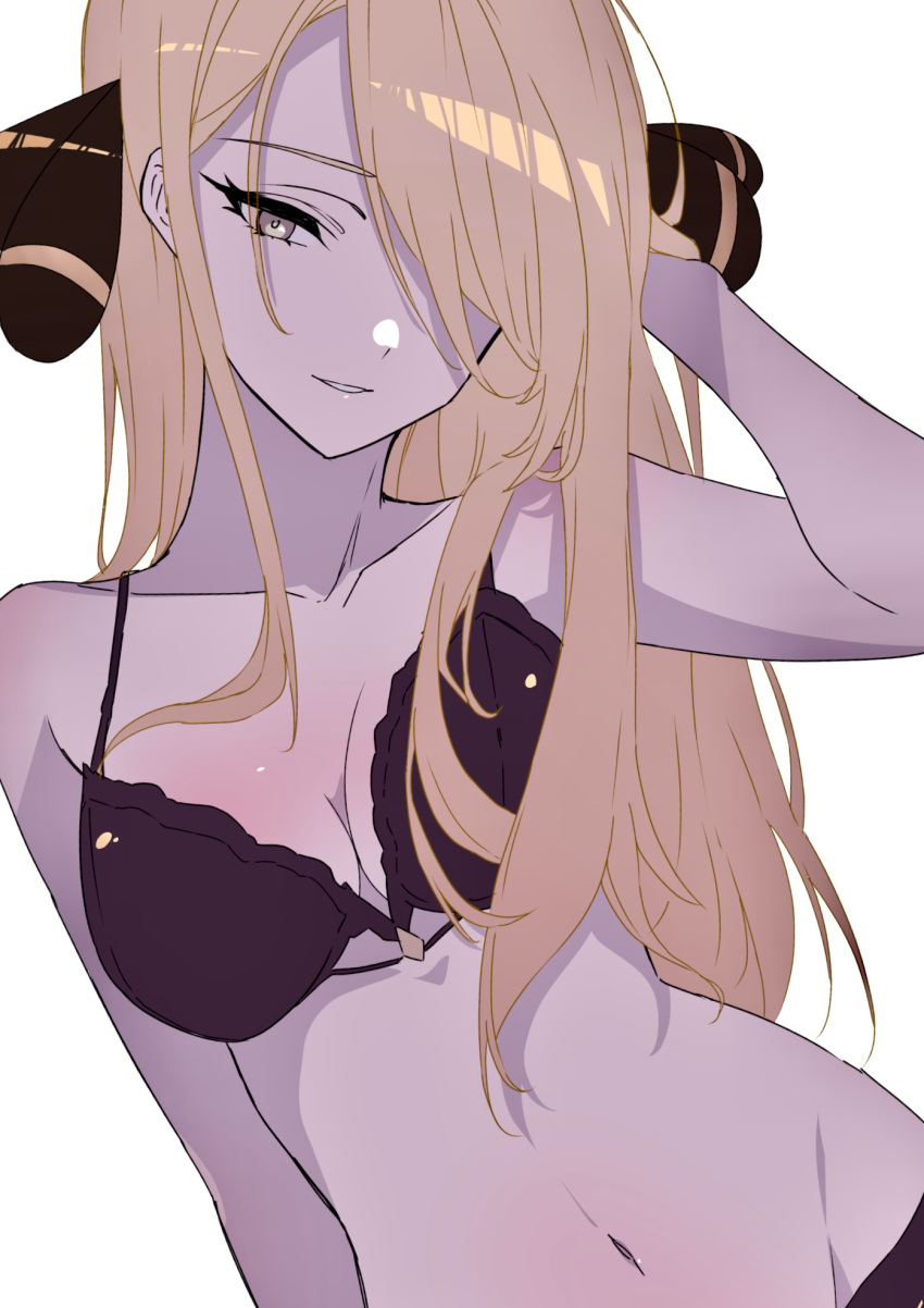 1girl black_bra blonde_hair bra breasts cynthia_(pokemon) grey_eyes hair_ornament hair_over_one_eye highres long_hair marie_(pixiv59672544) medium_breasts navel parted_lips pokemon pokemon_dppt simple_background smile solo stomach underwear upper_body white_background