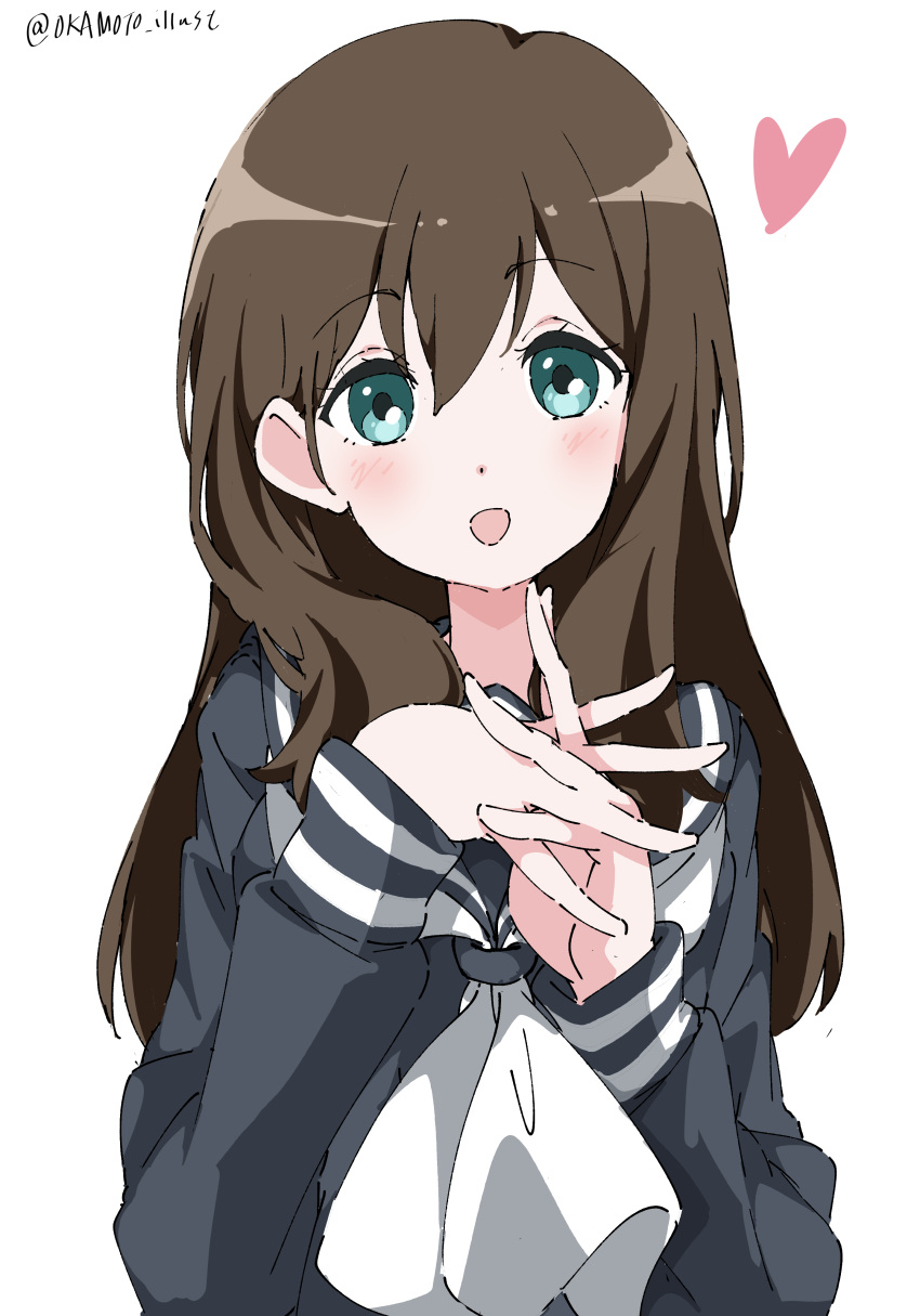 1girl absurdres blue_eyes brown_hair heart hibike!_euphonium highres kuroe_mayu long_hair looking_at_viewer own_hands_together school_uniform smile white_background white_gorilla_(okamoto)