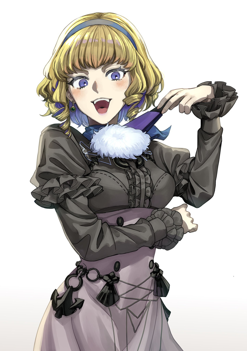 1girl blonde_hair blue_choker blue_hairband breasts choker colored_inner_hair constance_von_nuvelle danno_gs drill_hair drill_sidelocks fire_emblem fire_emblem:_three_houses garreg_mach_monastery_uniform hairband hand_fan highres holding holding_fan medium_breasts multicolored_hair purple_eyes purple_hair sidelocks two-tone_hair uniform