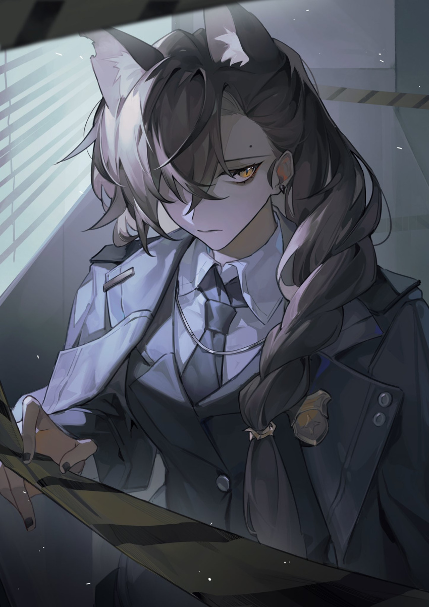 1girl akechi_(826988799) animal_ears arknights bags_under_eyes black_jacket black_nails black_necktie braid brown_hair caution_tape chinese_commentary collared_shirt commentary_request frown hand_up highres indoors jacket jacket_on_shoulders long_hair looking_at_viewer nail_polish necktie orange_eyes penance_(arknights) shirt solo white_shirt window window_blinds wolf_ears