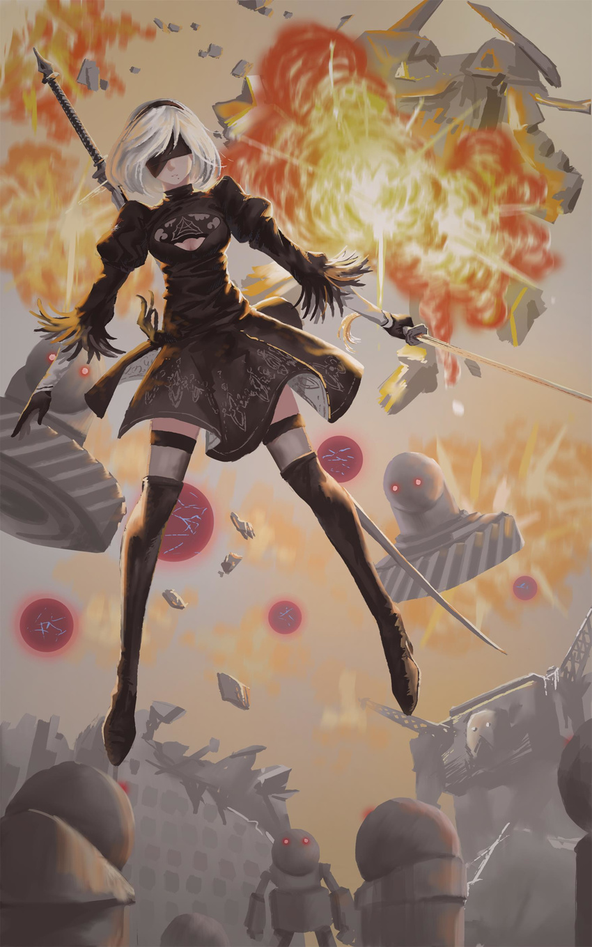 absurdres black_blindfold black_dress black_footwear black_legwear blindfold bob_cut boots commentary_request dress explosion facing_viewer feather-trimmed_sleeves highres holding holding_sword holding_weapon mole mole_under_mouth nana_(13054942) nier_(series) nier_automata outstretched_arms puffy_sleeves short_hair silver_hair spread_arms spread_legs sword thigh_boots thighhighs thighhighs_under_boots turtleneck turtleneck_dress weapon yorha_no._2_type_b