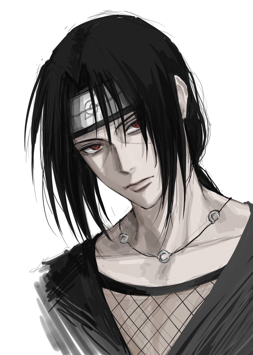 1boy black_hair closed_mouth expressionless fishnet_top fishnets grey_shirt headband highres jewelry konohagakure_symbol looking_at_viewer naruto_(series) necklace ponytail portrait red_eyes sharingan shirt sso_s uchiha_itachi white_background