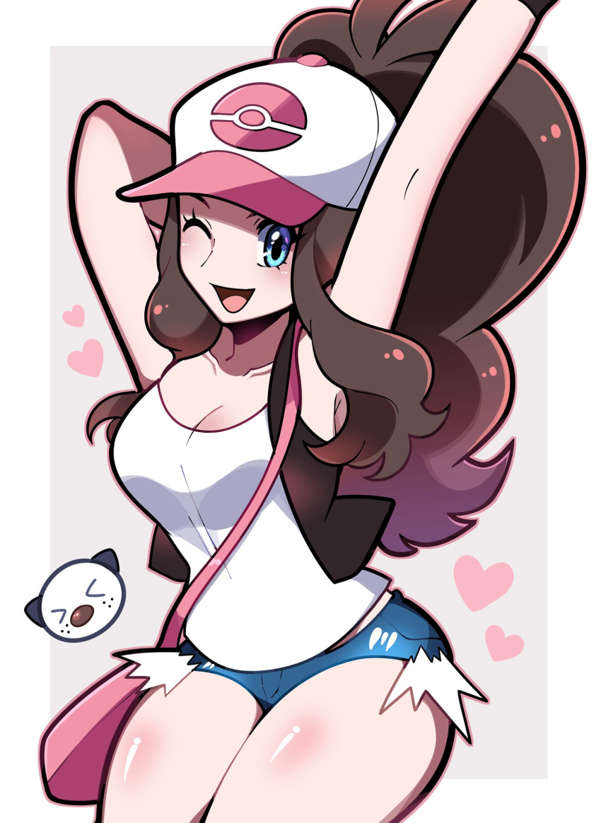 &gt;_&lt; 1girl ;d arms_up bag bare_arms baseball_cap black_vest blue_eyes blue_shorts breasts brown_hair cleavage collarbone handbag hat heart highres hilda_(pokemon) looking_at_viewer medium_breasts micro_shorts one_eye_closed oshawott pokemon pokemon_(creature) pokemon_bw shorts sidelocks sitting smile solo tank_top thighs torn_clothes torn_shorts touyarokii vest white_tank_top