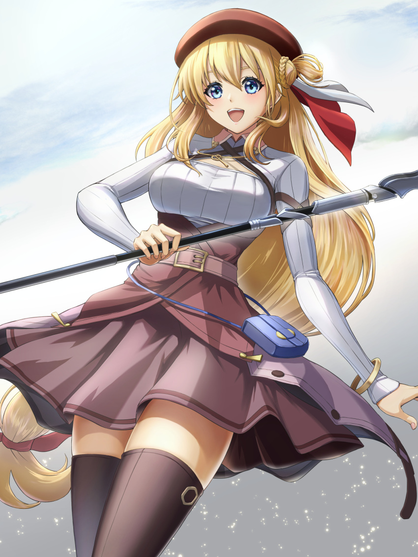 1girl agnes_claudel bag beret blonde_hair blue_eyes bracelet braid braided_bun breasts chiga_akira cleavage_cutout clothing_cutout double-parted_bangs eiyuu_densetsu floating_hair hair_between_eyes hair_bun handbag hat highres holding holding_staff holding_weapon jewelry kuro_no_kiseki large_breasts low_ponytail mage_staff open_mouth simple_background single_hair_bun skirt smile solo sparkle staff thighhighs weapon