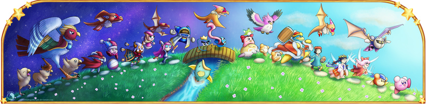 adeleine alpha_border animate_inanimate avian ball bandana_waddle_dee beach_ball bird celestiadragonknight chuchu_(kirby) daroach day detailed_background dyna_blade elline fairy_queen fish gooey_(kirby) grass hamster human kine_(kirby) king_dedede kirby kirby_(series) landia machine magolor mammal marine marx meta_knight night nintendo owl paintbrush penguin pitch_(kirby) prince_fluff ribbon_(kirby) rick_(kirby) river robot rodent spidr starscape susie_(kirby) taranza video_games waddle_dee waddling_head yellow_border