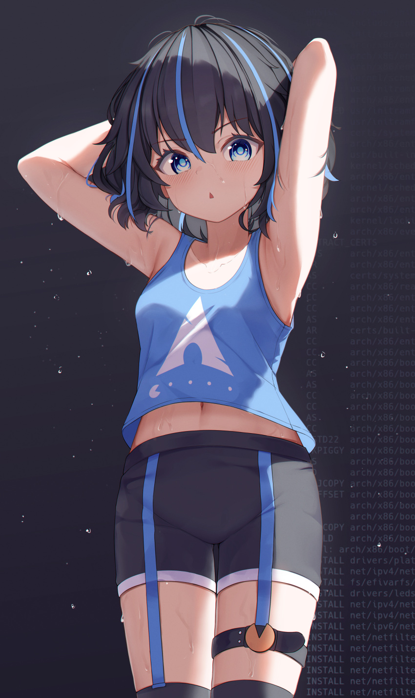 1girl absurdres arch_linux arms_up black_hair black_shorts blue_eyes blue_hair blue_shirt highres krita_(medium) linux-tan looking_at_viewer multicolored_hair navel os-tan pac-man pac-man_(game) print_shirt raviolimavioli shirt shorts sleeveless sleeveless_shirt solo streaked_hair sweat thigh_strap