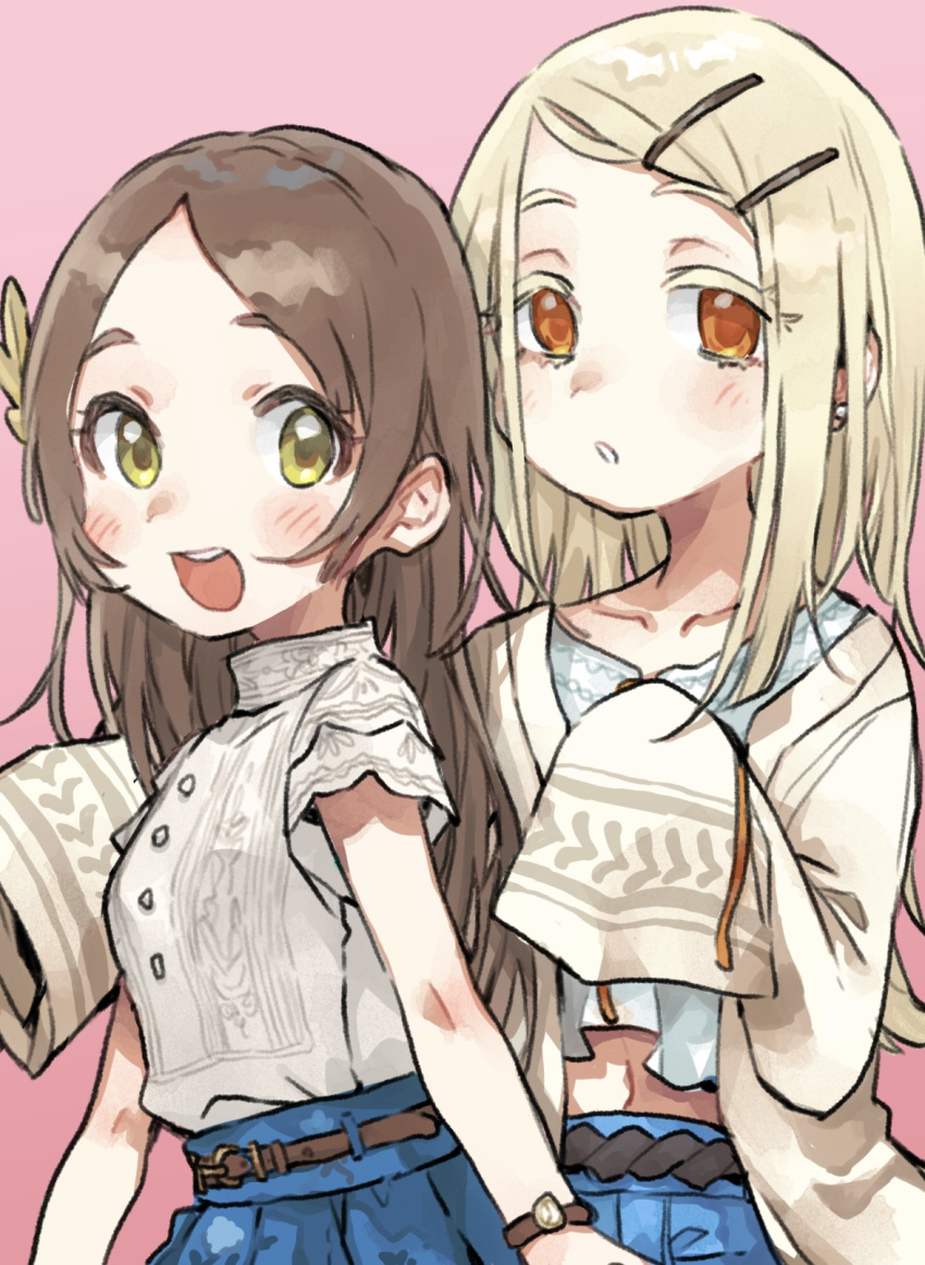 2girls :d :o blonde_hair blue_skirt blush brown_hair collarbone gakuen_idolmaster highres idolmaster kukai kuramoto_china long_hair looking_at_viewer midriff multiple_girls navel parted_bangs pink_background shinosawa_hiro shirt shirt_tucked_in simple_background skirt sleeves_past_fingers sleeves_past_wrists smile straight_hair teeth upper_body upper_teeth_only very_long_hair white_shirt