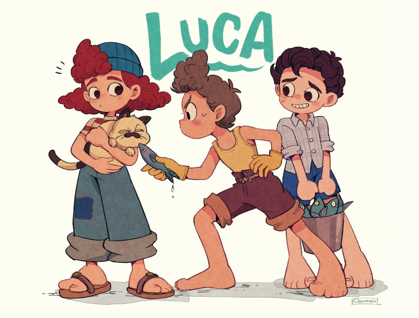 1girl 2boys alberto_scorfano amazou barefoot bucket cat commentary_request copyright_name dark-skinned_male dark_skin fish giulia_marcovaldo highres luca_(pixar) luca_paguro multiple_boys pixar red_hair sandals sweat teeth white_background