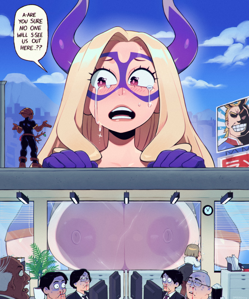 against_surface areola big_breasts biped blood blush bodily_fluids breasts breasts_on_glass crying eyelashes female hair hi_res horn horned_humanoid humanoid larger_female macro mask mt._lady nipples nosebleed not_furry on_glass open_mouth pupils size_difference speedoru tears