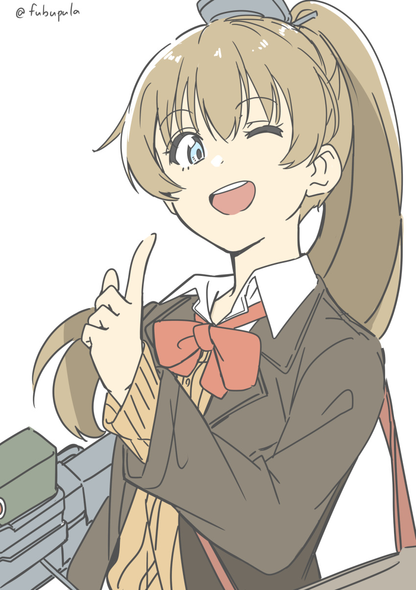 blazer brown_cardigan brown_hair brown_jacket cardigan collared_shirt dress_shirt fubupula green_eyes highres index_finger_raised jacket kantai_collection kumano_(kancolle) kumano_kai_ni_(kancolle) long_hair one-hour_drawing_challenge one_eye_closed open_mouth ponytail round_teeth school_uniform shirt simple_background teeth upper_body upper_teeth_only white_background white_shirt