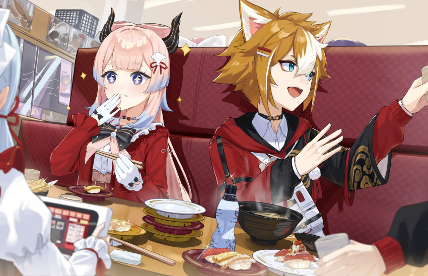 absurdres belt black_bow blue_hair bow bow-shaped_hair chopsticks closed_mouth colored_tips couch food food_on_face genshin_impact glove_bow gloves gorou_(genshin_impact) gorou_(sushiro)_(genshin_impact) hair_ornament half_gloves hand_up highres holding holding_chopsticks indoors jacket jewelry kamisato_ayaka long_hair long_sleeves looking_to_the_side moti11kkk29 multicolored_hair necklace on_couch open_clothes open_jacket pink_hair raiden_shogun red_belt red_bow red_jacket sangonomiya_kokomi sangonomiya_kokomi_(sushiro) shell_hair_ornament sitting sparkling_eyes thick_eyebrows thoma_(genshin_impact) white_gloves yae_miko