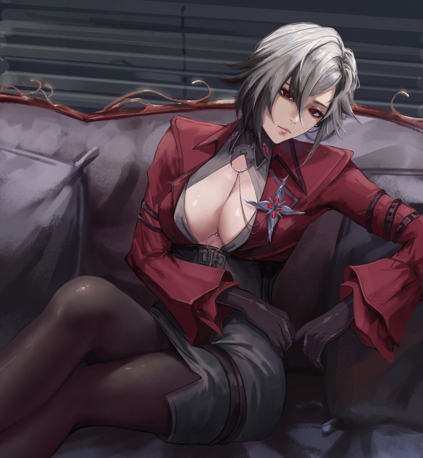 1girl absurdres arlecchino_(genshin_impact) black_eyes black_hair black_pantyhose breasts cleavage couch crossed_legs english_commentary genshin_impact grey_skirt hair_between_eyes highres jacket long_hair long_sleeves looking_at_viewer luxearte multicolored_hair on_couch pantyhose pencil_skirt red_jacket red_pupils sitting skirt solo streaked_hair symbol-shaped_pupils white_hair x-shaped_pupils