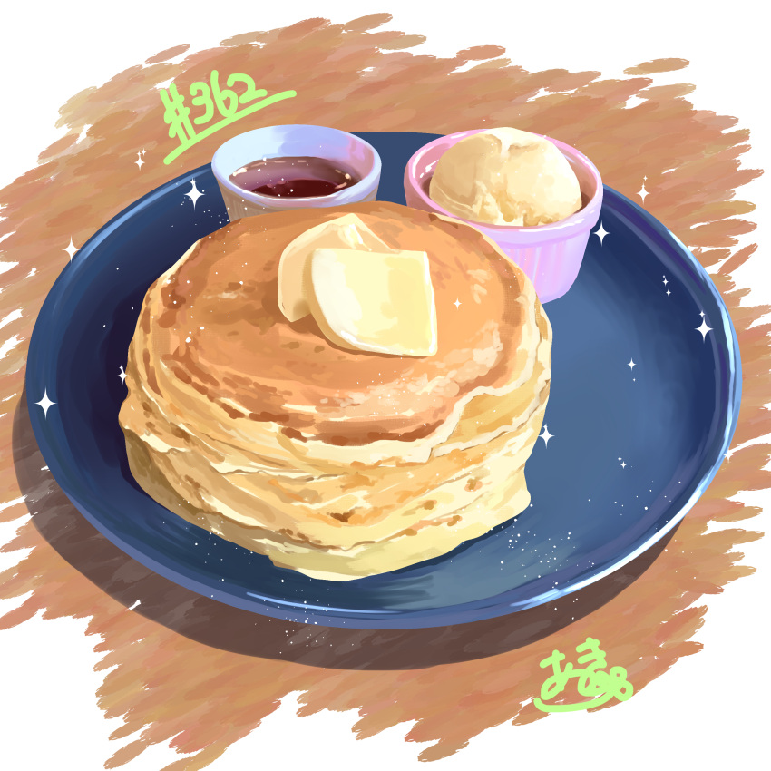 absurdres cup food food_focus highres no_humans original pancake pancake_stack plate sauce still_life table takisou_sou