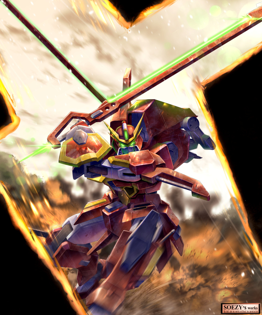 assassin_silver dual_wielding glowing glowing_eyes gundam gundam_seed gundam_seed_astray gundam_seed_msv highres holding holding_sword holding_weapon looking_at_viewer mecha mecha_focus mobile_suit robot science_fiction solo sword sword_calamity v-fin weapon