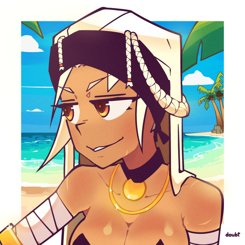 1girl bandages bandana bare_shoulders beach blonde_hair bracelet braid breasts choker cleavage cloud collarbone dark-skinned_female dark_skin doubt_(thedo_ubt) highres jewelry khanae_(tomarius) lips long_hair looking_at_another ocean orange_eyes original outdoors palm_tree sand scar sky smile solo tree