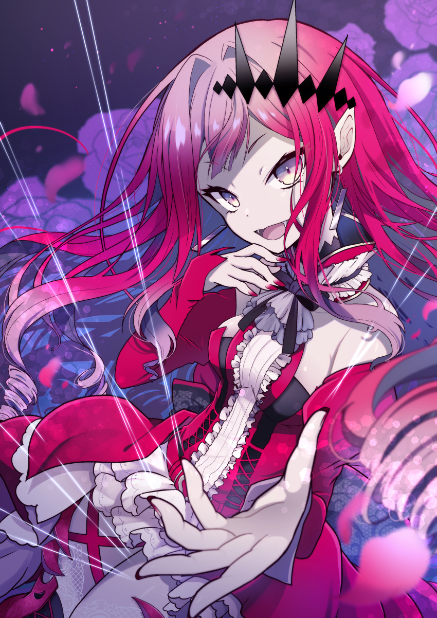1girl absurdres baobhan_sith_(fate) baobhan_sith_(first_ascension)_(fate) bare_shoulders boots breasts detached_sleeves dress earrings fangs fate/grand_order fate_(series) floral_background flower frilled_dress frills gradient_background grey_eyes hair_ornament hand_up highres jewelry lace-trimmed_thighhighs long_hair looking_at_viewer nail_polish open_mouth pina710 pink_hair pointy_ears purple_background red_dress red_nails sidelocks smile solo thigh_boots