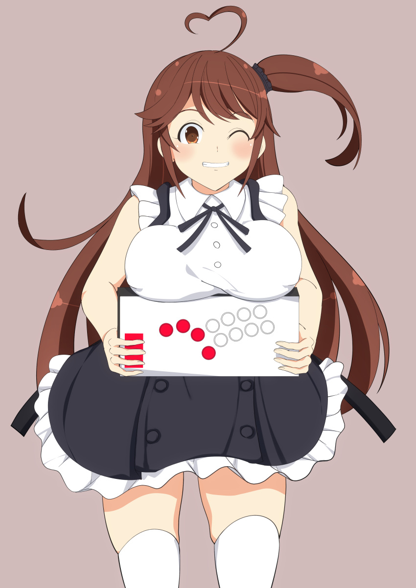 1girl absurdres ahoge arcade_stick assault_lily bare_arms black_scrunchie black_skirt blush breast_rest breasts brown_background brown_eyes brown_hair buttons carried_breast_rest carrying collared_shirt commentary_request controller covered_nipples cowboy_shot frilled_shirt frilled_skirt frills game_controller grin hair_ornament hair_scrunchie hands_up heart heart_ahoge high-waist_skirt highres holding holding_controller holding_game_controller joystick large_breasts long_hair looking_at_viewer miniskirt neck_ribbon one_eye_closed one_side_up parted_lips ribbon school_uniform scrunchie senri_(senri03151221) shirt simple_background skirt sleeveless sleeveless_shirt smile solo standing suspender_skirt suspenders takasuga_tsukushi thighhighs very_long_hair white_shirt white_thighhighs yurigaoka_girls_academy_school_uniform