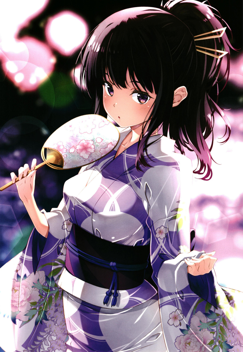 1girl black_hair blush breasts brown_eyes hand_fan highres holding holding_fan inoue_takina izumi_mahiru japanese_clothes kimono long_hair looking_at_viewer lycoris_recoil non-web_source open_mouth outdoors paper_fan ponytail small_breasts solo yukata