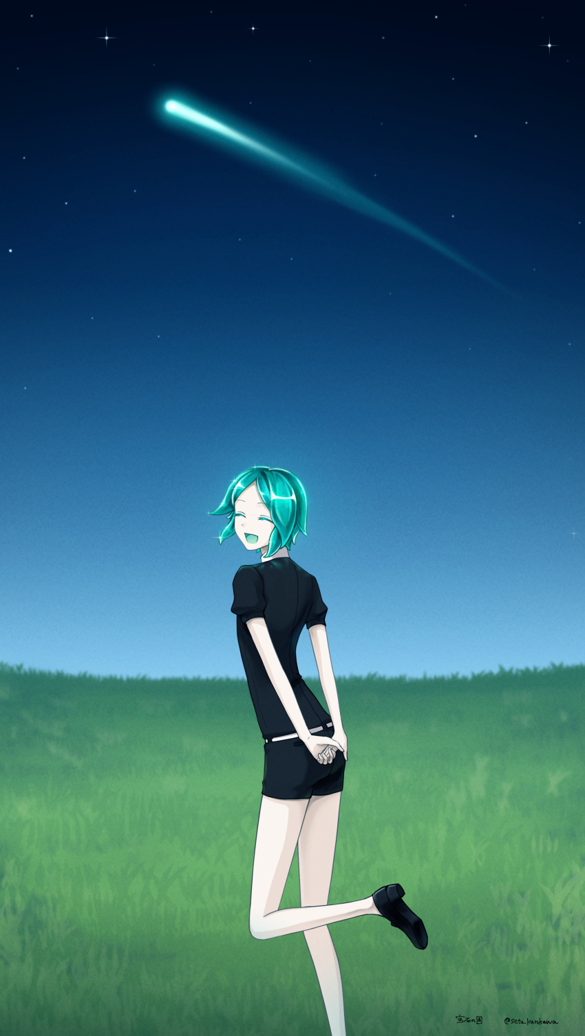 1other absurdres aqua_hair arms_behind_back black_footwear black_jacket blue_sky blurry blurry_background closed_eyes collared_shirt comet from_behind grass highres houseki_no_kuni jacket leaning_forward leg_up phosphophyllite setu_kurokawa shirt shoes short_hair sky star_(sky)