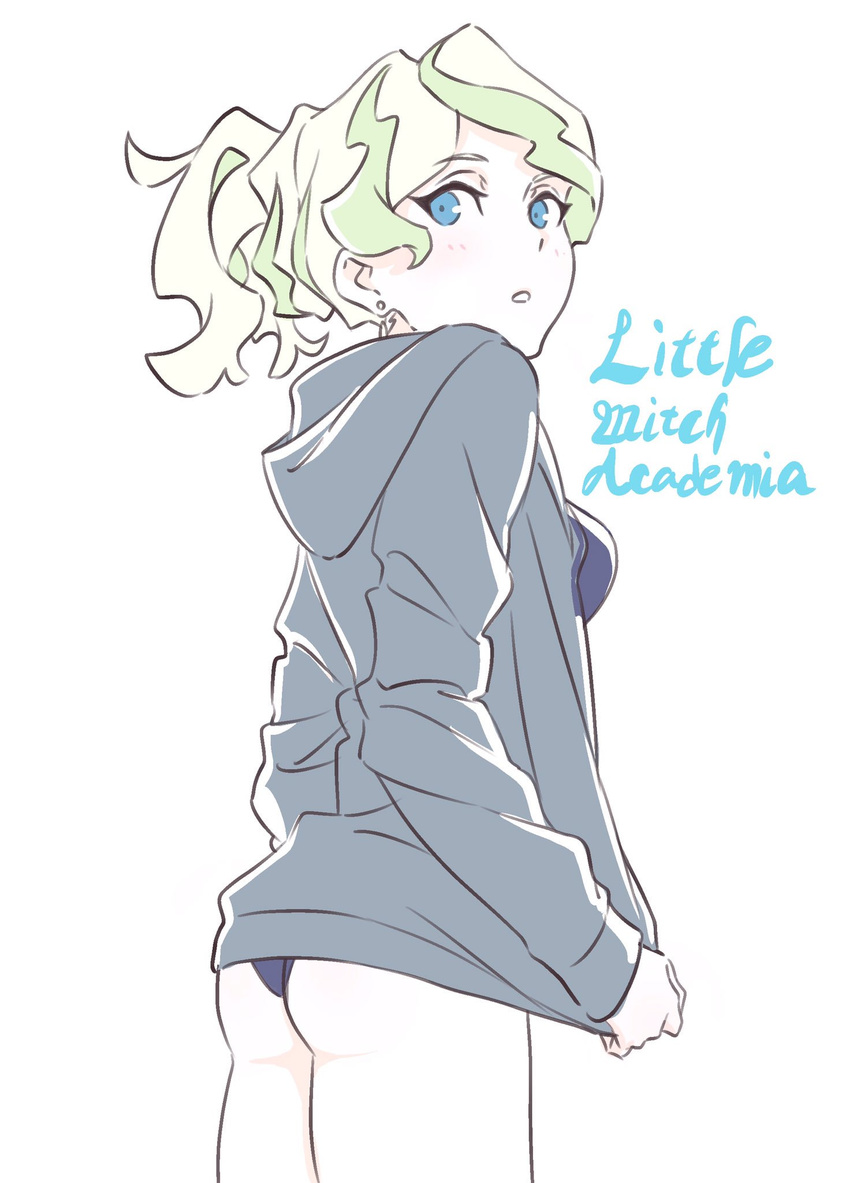alternate_hairstyle ass blonde_hair blue_eyes blush clothes_pull commentary copyright_name diana_cavendish earrings highres hood hoodie jewelry kengo little_witch_academia looking_back ponytail solo swimsuit tied_hair