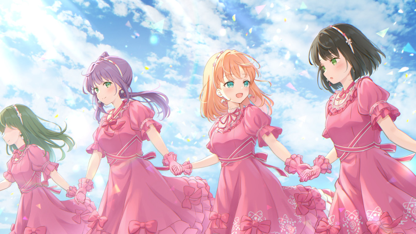 4girls :d :o absurdres alternate_costume aqua_eyes black_hair blue_skirt blunt_bangs blunt_ends blush bow bowtie breasts cerise_bouquet closed_mouth cloud commentary_request crossed_bangs dress dress_bow earrings eye_contact flower_earrings flower_hairband frilled_gloves frills gloves green_eyes green_hair hairband highres hinoshita_kaho holding_hands jewelry link!_like!_love_live! long_hair looking_at_another love_live! medium_breasts medium_dress medium_hair momose_ginko multiple_girls neck_ribbon no_eyes official_alternate_costume oogami_sachi open_mouth orange_hair otomune_kozue outdoors pink_bow pink_bowtie pink_dress pink_gloves pink_ribbon puffy_short_sleeves puffy_sleeves purple_hair reflection_in_the_mirror_(love_live!) ribbon short_hair short_sleeves side_ponytail sidelocks skirt smile straight_hair two_side_up virtual_youtuber white_hairband yutuki_ame