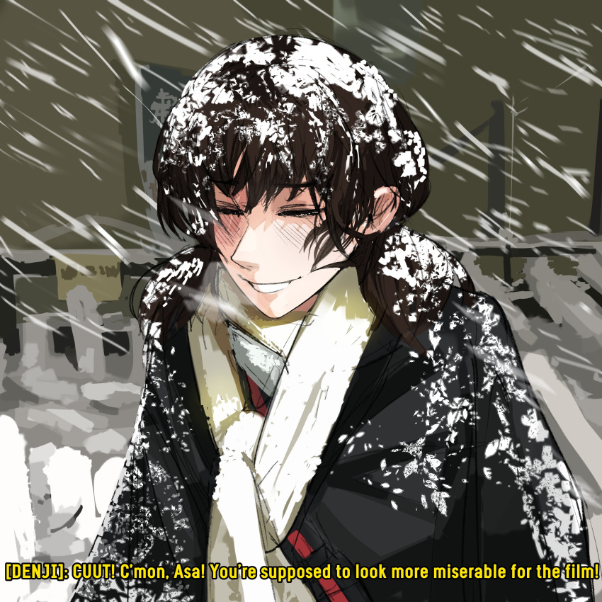 1girl absurdres black_hair blush chainsaw_man cloak closed_eyes commentary english_commentary english_text heartbreak_juan highres husbant_(meme) low_twintails meme mitaka_asa scarf smile snow snowing solo twintails upper_body white_scarf