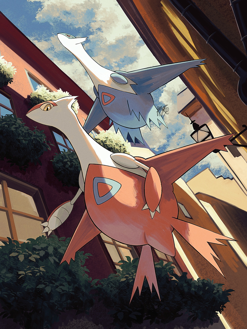 building claws cloud commentary_request day from_below highres kuchiba_(jret2454) latias latios no_humans outdoors pokemon pokemon_(creature) sky window yellow_eyes