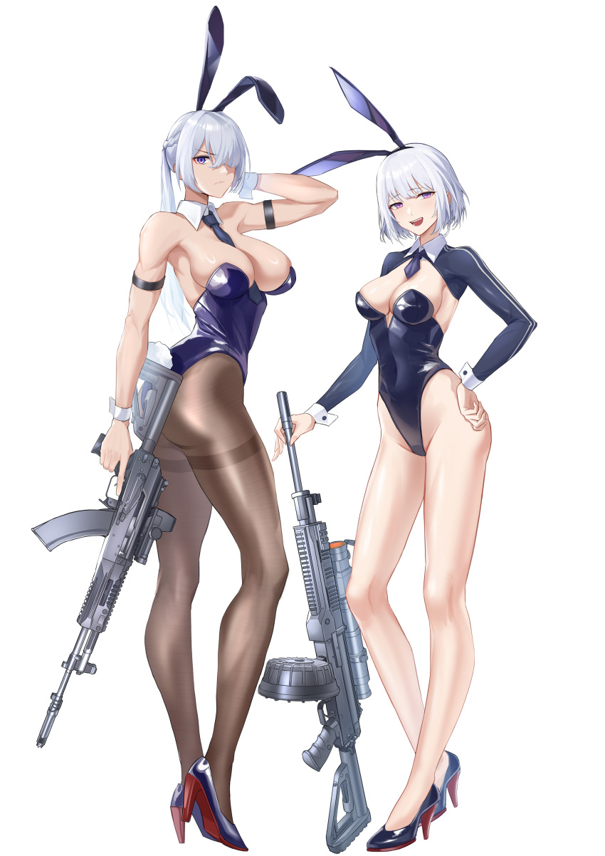 2girls absurdres ak-15 ak-15_(girls'_frontline) animal_ears assault_rifle black_footwear black_necktie black_pantyhose braid breasts chinese_commentary closed_mouth detached_collar fake_animal_ears fake_tail french_braid full_body girls'_frontline gun high_heels highleg highleg_leotard highres holding holding_gun holding_weapon kalashnikov_rifle leotard light_machine_gun long_hair looking_at_viewer lord-erica multiple_girls necktie open_mouth pantyhose playboy_bunny purple_eyes purple_leotard rabbit_ears rabbit_tail rifle rpk-16 rpk-16_(girls'_frontline) shoes short_hair short_necktie simple_background smile tail teeth trigger_discipline weapon white_background white_hair wrist_cuffs