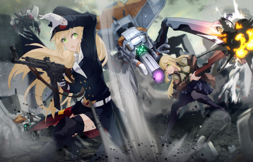 absurdres assault_rifle battle beret blonde_hair boots commission commissioner_upload explosion fighting_stance girls'_frontline gloves glowing glowing_eyes green_eyes gun hat highres m1_garand m1_garand_(girls'_frontline) mecha military_hat military_uniform mineta_naoki motion_blur motion_lines necktie paradeus rifle robot skeb_commission stg44 stg44_(girls'_frontline) suspenders thighhighs uniform weapon white_gloves