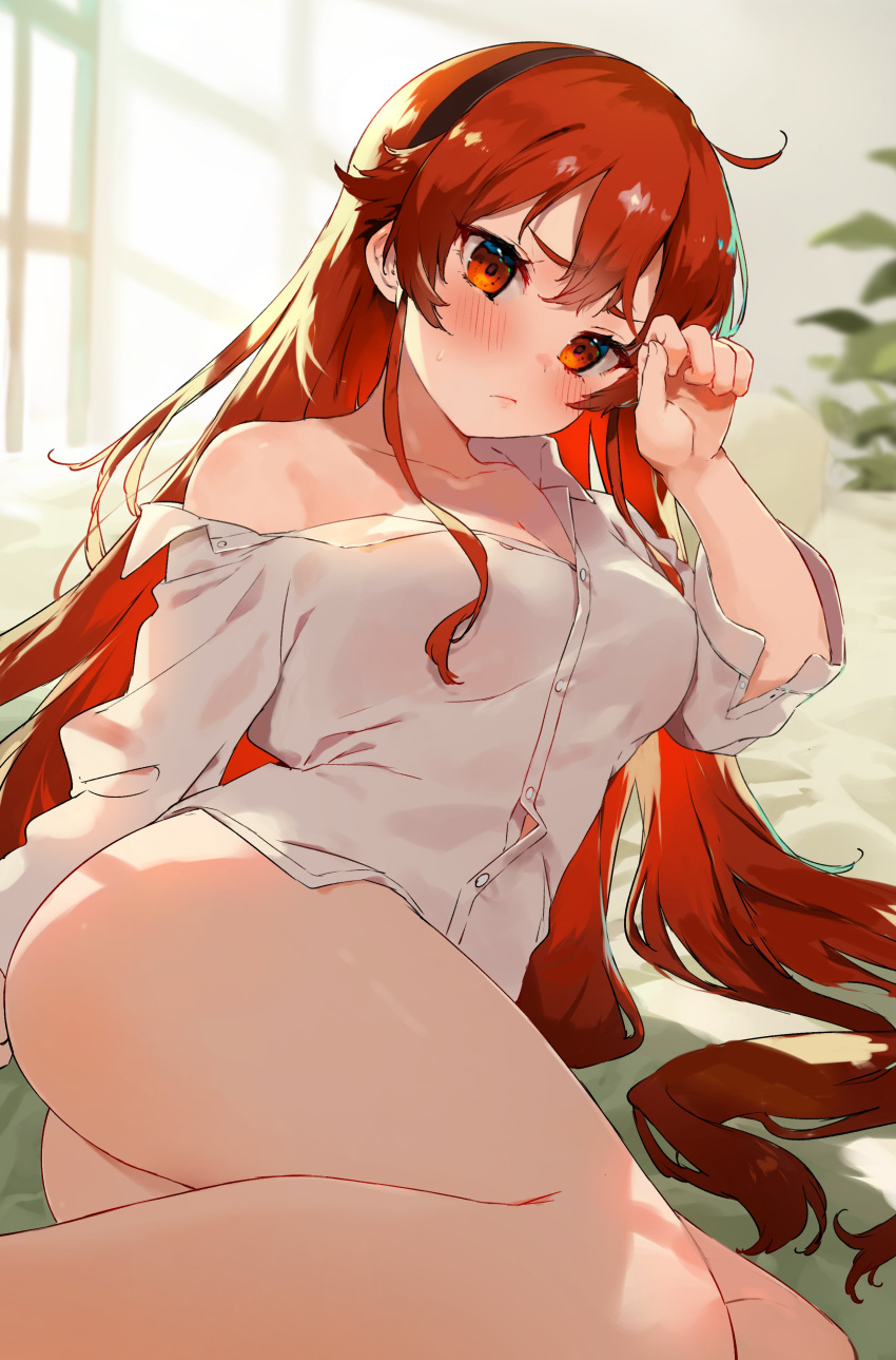 1girl absurdres alternate_costume ass blurry blurry_background blush breasts collarbone cropped_legs eris_greyrat hair_between_eyes hand_up highres indoors long_hair looking_at_viewer lying medium_breasts mokkori mushoku_tensei no_panties no_pants off_shoulder on_side plant red_eyes red_hair shirt single_bare_shoulder solo thighs white_shirt