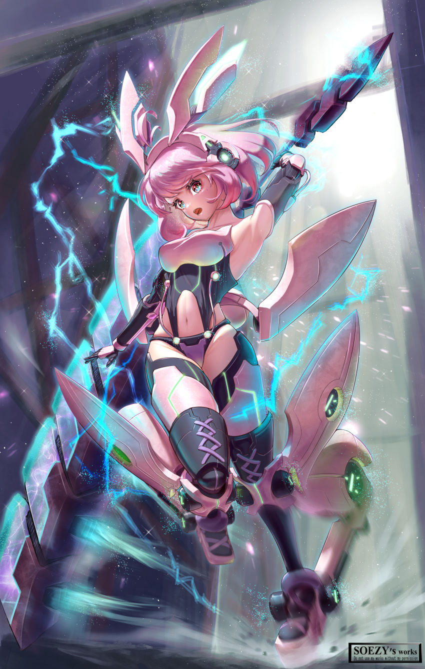 1girl absurdres armpits assassin_silver black_leotard black_thighhighs breasts clothing_cutout electricity headband highres hip_vent holding holding_polearm holding_weapon leotard looking_at_viewer mecha_musume medium_breasts motion_blur navel open_mouth original pink_eyes pink_hair pink_headband polearm science_fiction short_hair solo stomach_cutout thighhighs weapon wind