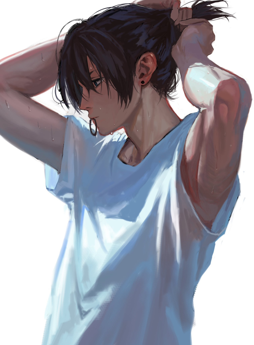 1boy blue_eyes blue_hair chainsaw_man dark_blue_hair ear_piercing geboku0406 hair_tie_in_mouth hayakawa_aki highres making-of_available male_focus mouth_hold piercing shirt short_hair short_sleeves simple_background solo tying_hair upper_body white_background white_shirt