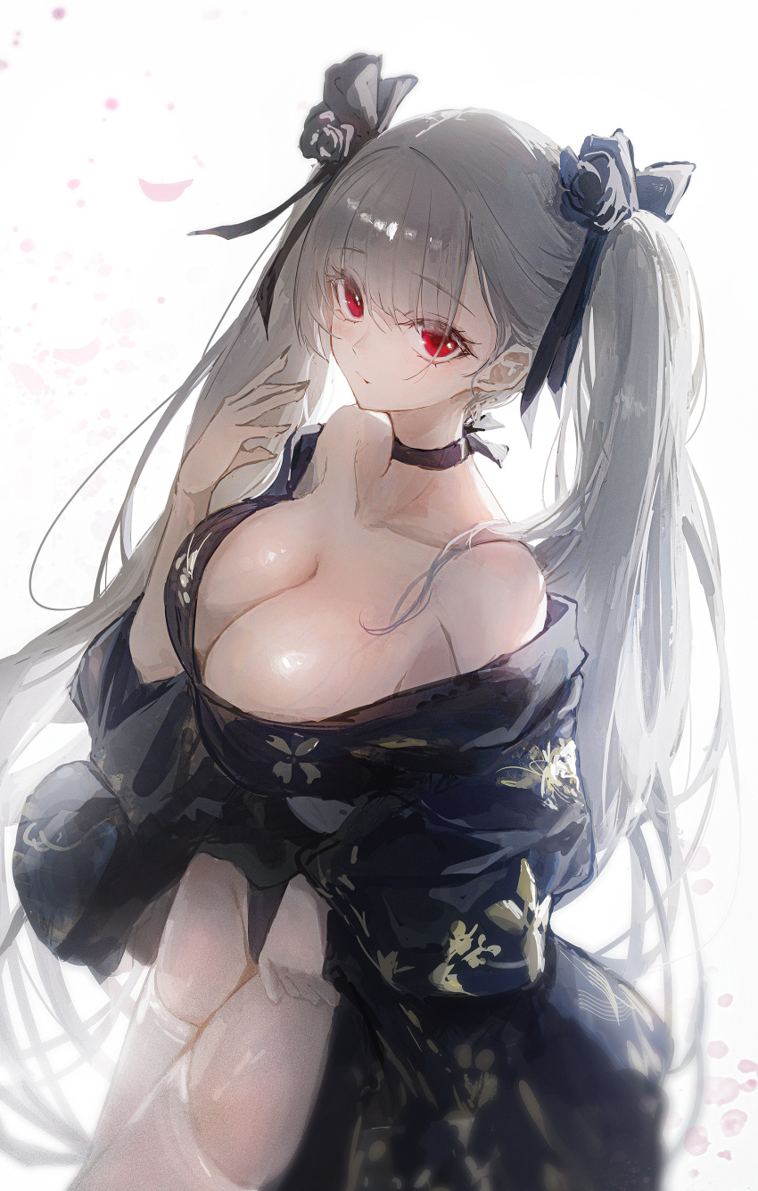 absurdres alternate_costume azur_lane black_kimono black_panties breasts cleavage collarbone formidable_(azur_lane) grey_hair hair_ribbon hand_up highres japanese_clothes kimono large_breasts long_hair looking_at_viewer matsogum neck_ribbon off_shoulder panties print_kimono red_eyes ribbon thighhighs twintails underwear very_long_hair white_background white_thighhighs