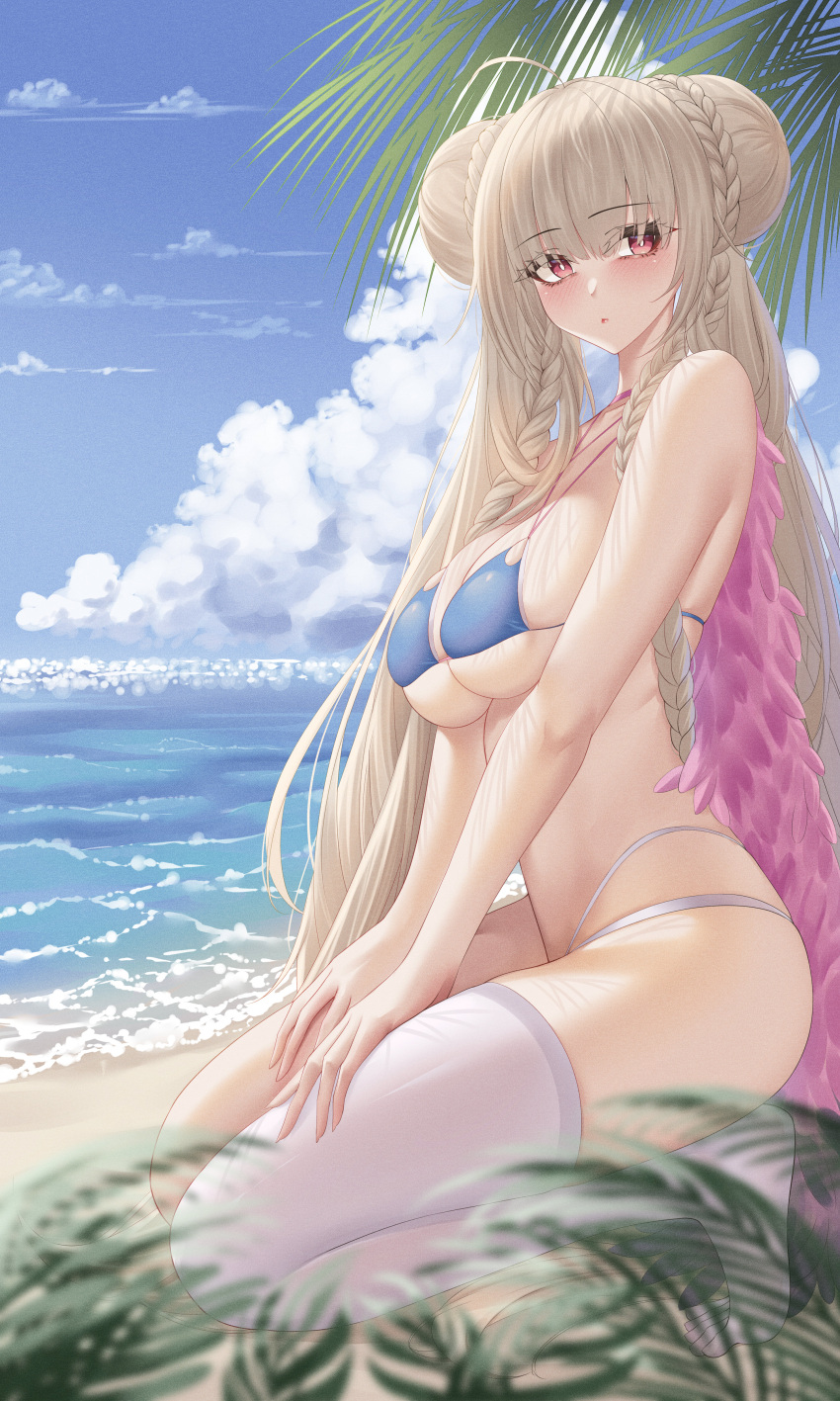 1girl absurdres ahoge azur_lane beach bikini blue_bikini braid braided_bun breasts choker criss-cross_halter double_bun feather_boa formidable_(azur_lane) formidable_(the_lady_of_the_beach)_(azur_lane) hair_bun halterneck hand_on_own_thigh highres ichikushi_mojibake kneeling large_breasts long_hair looking_to_the_side multi-strapped_bikini_bottom multi-strapped_bikini_top official_alternate_costume pink_choker red_eyes single_thighhigh swimsuit thighhighs very_long_hair