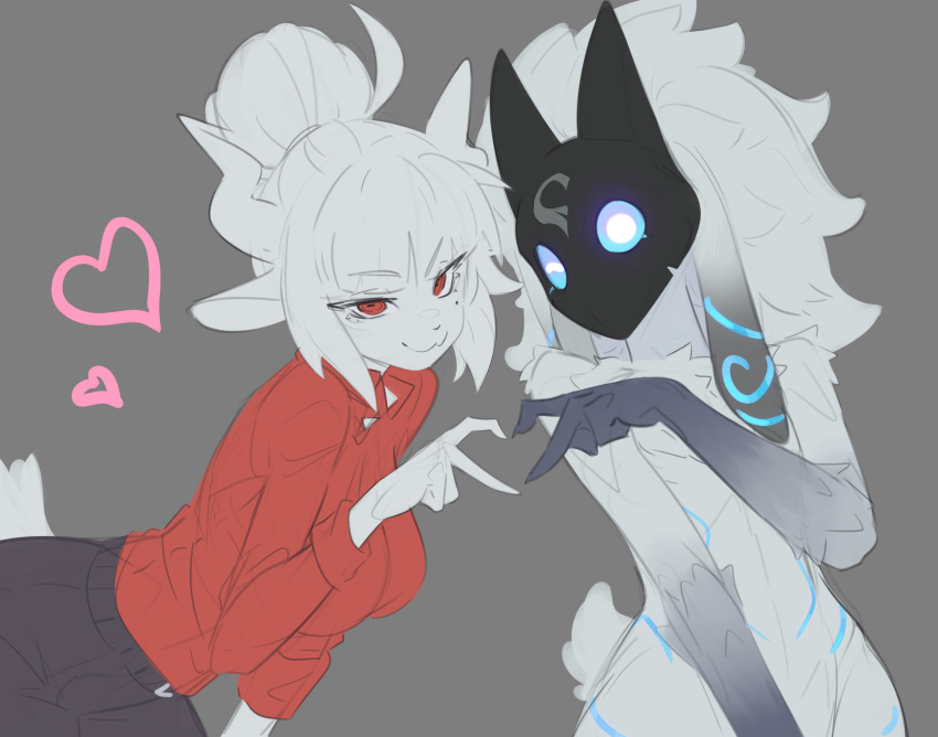 2girls absurdres cheap_(cheapdraw) furrification furry goat goat_tail grey_background heart heart_hands helltaker highres kindred_(league_of_legends) league_of_legends lucifer_(helltaker) mask mole mole_under_eye multiple_girls red_eyes red_shirt sheep sheep_tail shirt smug tail white_fur white_hair