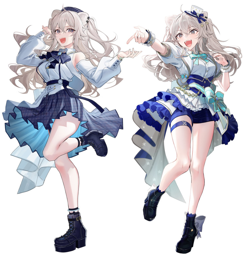 1girl :d ahoge animal_ear_piercing animal_ears ankle_boots bare_shoulders black_footwear blue_beret blue_bow blue_bowtie blue_hat blue_journey_(hololive) blue_skirt boots bow bowtie breasts corset dancing detached_sleeves double-parted_bangs fangs footwear_bow grey_eyes grey_hair hair_between_eyes hand_up hat highres hololive hololive_idol_uniform_(bright) jacket kawachi_rin large_breasts layered_skirt lion_ears long_hair looking_at_viewer messy_hair multiple_views music official_alternate_costume open_mouth overskirt plaid_headwear platform_boots platform_footwear platform_heels pleated_skirt puffy_short_sleeves puffy_sleeves sash shirt shishiro_botan short_sleeves sidelocks singing skirt sleeveless sleeveless_shirt smile standing standing_on_one_leg two_side_up underbust vest virtual_youtuber waist_bow white_jacket white_shirt white_skirt white_vest