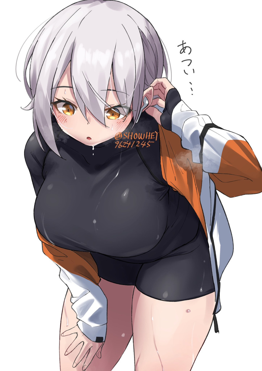 adjusting_hair black_bodysuit bodysuit breasts cowboy_shot dripping grey_hair hand_on_own_thigh headset highres jacket leaning_forward long_bangs looking_down medium_breasts multicolored_clothes multicolored_jacket nishisaki_fuyuka open_clothes open_jacket orange_eyes orange_jacket original short_hair short_hair_with_long_locks showhey!! simple_background thighs two-tone_jacket wet white_background white_jacket