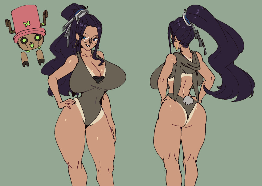 1girl ass bathsalts breasts glasses highres large_breasts long_hair nico_robin one_piece ponytail simple_background smile standing tan very_long_hair