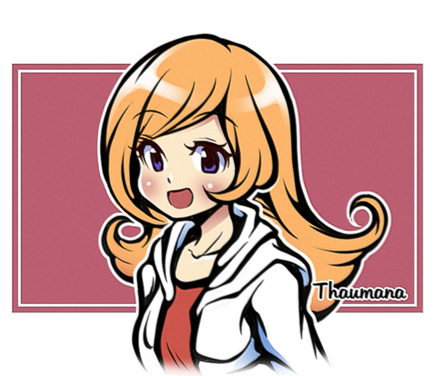 1girl artist_name blue_eyes blush coat dress highres long_hair mona_(warioware) open_mouth orange_hair pink_background red_dress simple_background smile square thaumana warioware white_coat