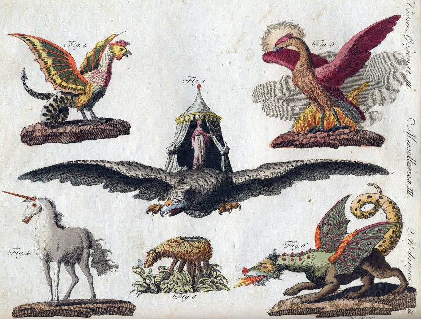 1801 19th_century 1_horn ambiguous_gender ancient_art avian beak biped claws dragon elemental_creature equid equine european_mythology feathered_wings feathers feral fire flora_fauna friedrich_justin_bertuch greek_mythology hi_res hooves horn mammal membrane_(anatomy) membranous_wings middle_eastern_mythology mythological_avian mythological_basilisk mythological_bird mythological_creature mythological_equine mythological_firebird mythological_scalie mythology paws phoenix plant public_domain quadruped roc scalie tail traditional_media_(artwork) unicorn vegetable_lamb western_dragon wings